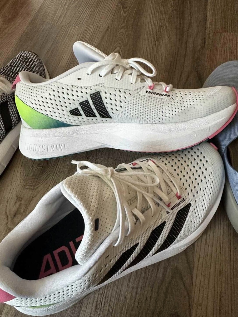 adidas Women's White Running Sneakers with Neon Green and Pink Accents
